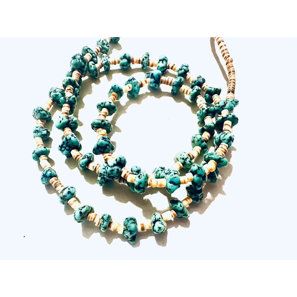 Vintage Turquoise Nugget and Heishi Shell 26” Necklace